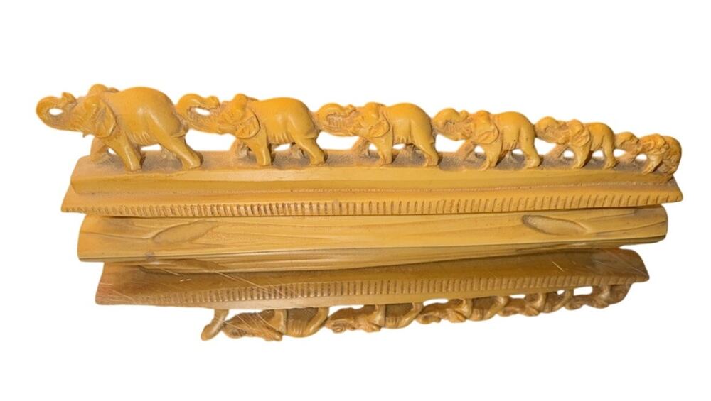 Elephant Parade on a Bridge Figure Vintage Hand-Carved Ivory Resin Feng Shui